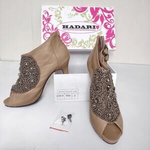 HADARI Tan Beaded Leather Ankle Boost Peep Toes Platform Size 8 Stiletto Heels
